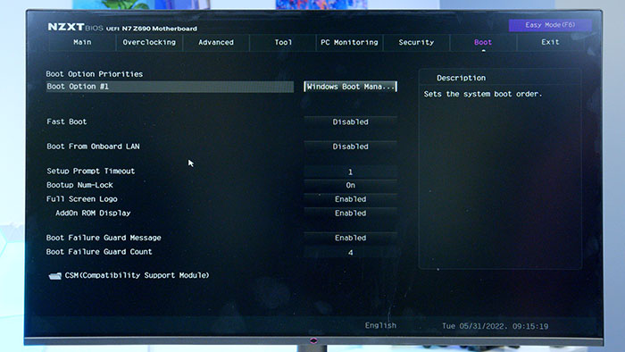 NZXT BIOS Boot Settings