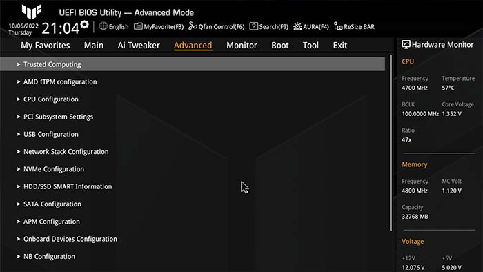 ASUS TUF Advanced Mode Settings BIOS