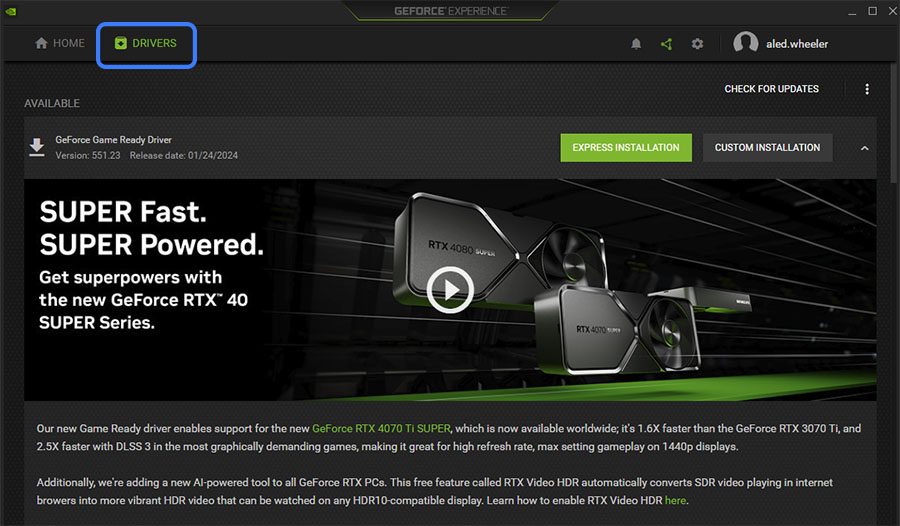 NVIDIA GeForce Experience Drivers section